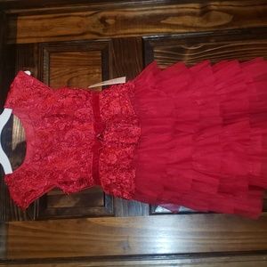 RED RUFFLE FLUTTER rosette cap SLEEVE PARTY DRESS 6 7